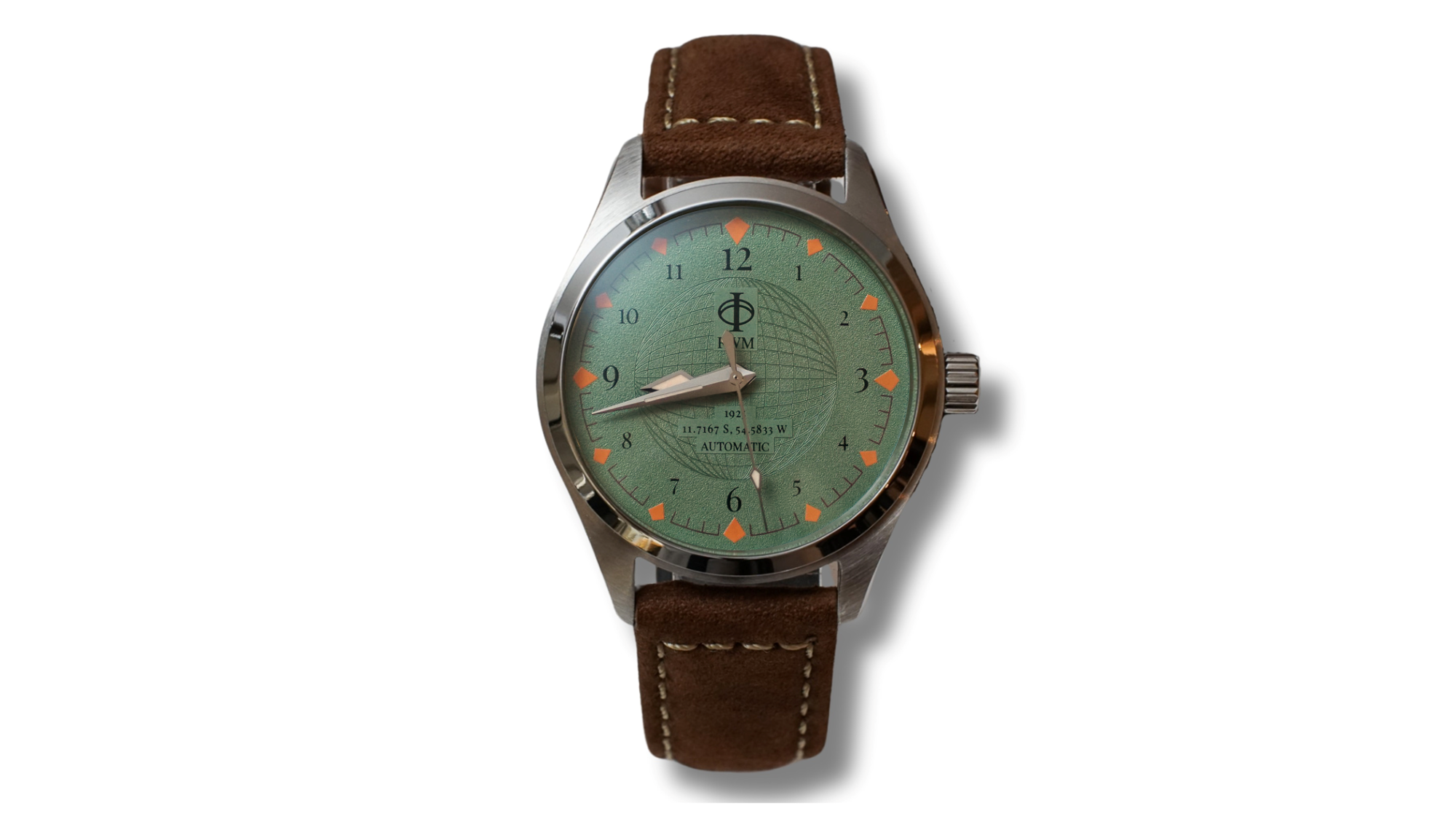 A stainless steel watch with a green embossed dial, vintage lume hands, and a brown leather strap.